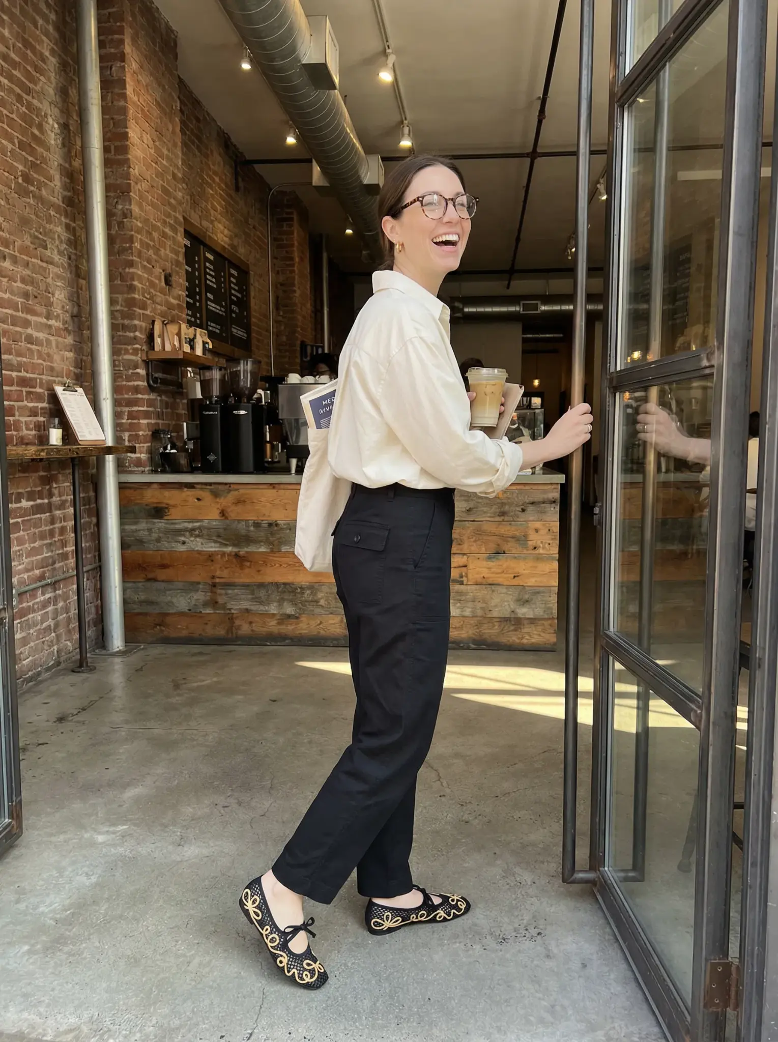 Office / Coffee Run — Shirt + Wide-Leg Trousers (Dress Up)